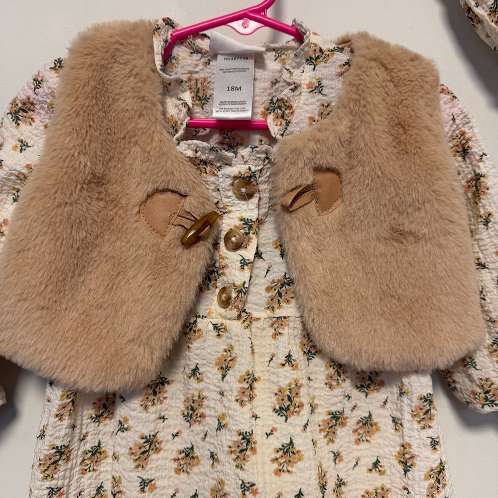 Girls Daisy Fuentes Casual Dress 18 Months White Floral with Brown Vest Bloomers - Picture 7 of 14
